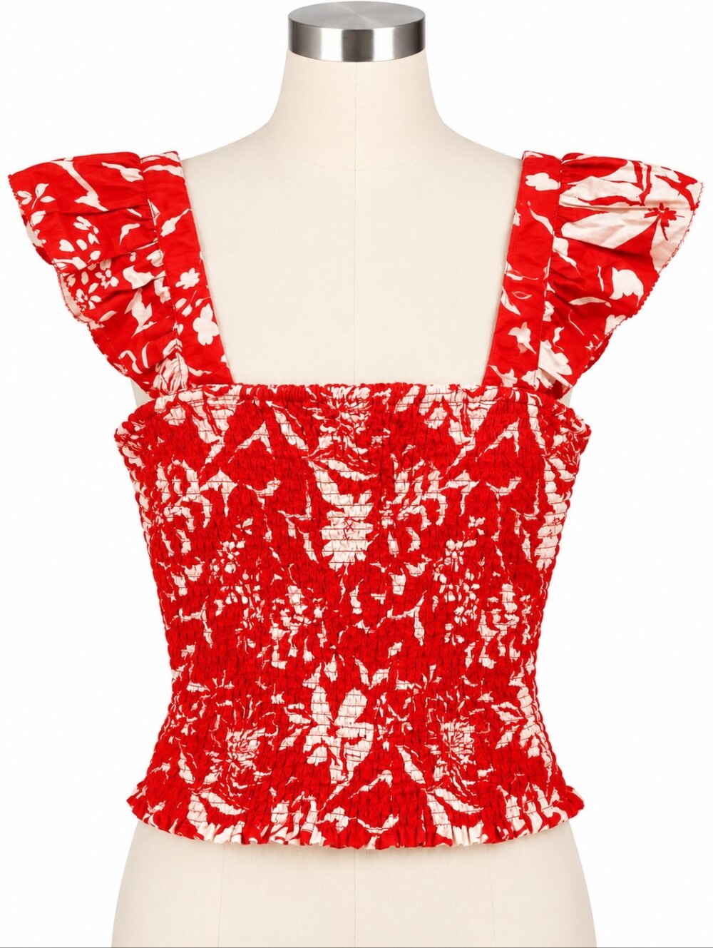NWT Old Navy Red White Floral Smocked Crop Top Ruffle Strap Square Neck Blouse M